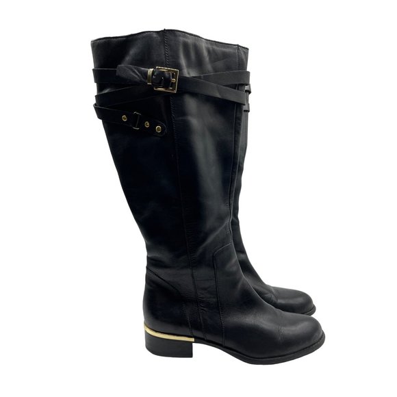 Franco Sarto Shoes - Franco Sarto Celeste Black Buckle Leather Knee High Heeled Boots Women’s 8M
